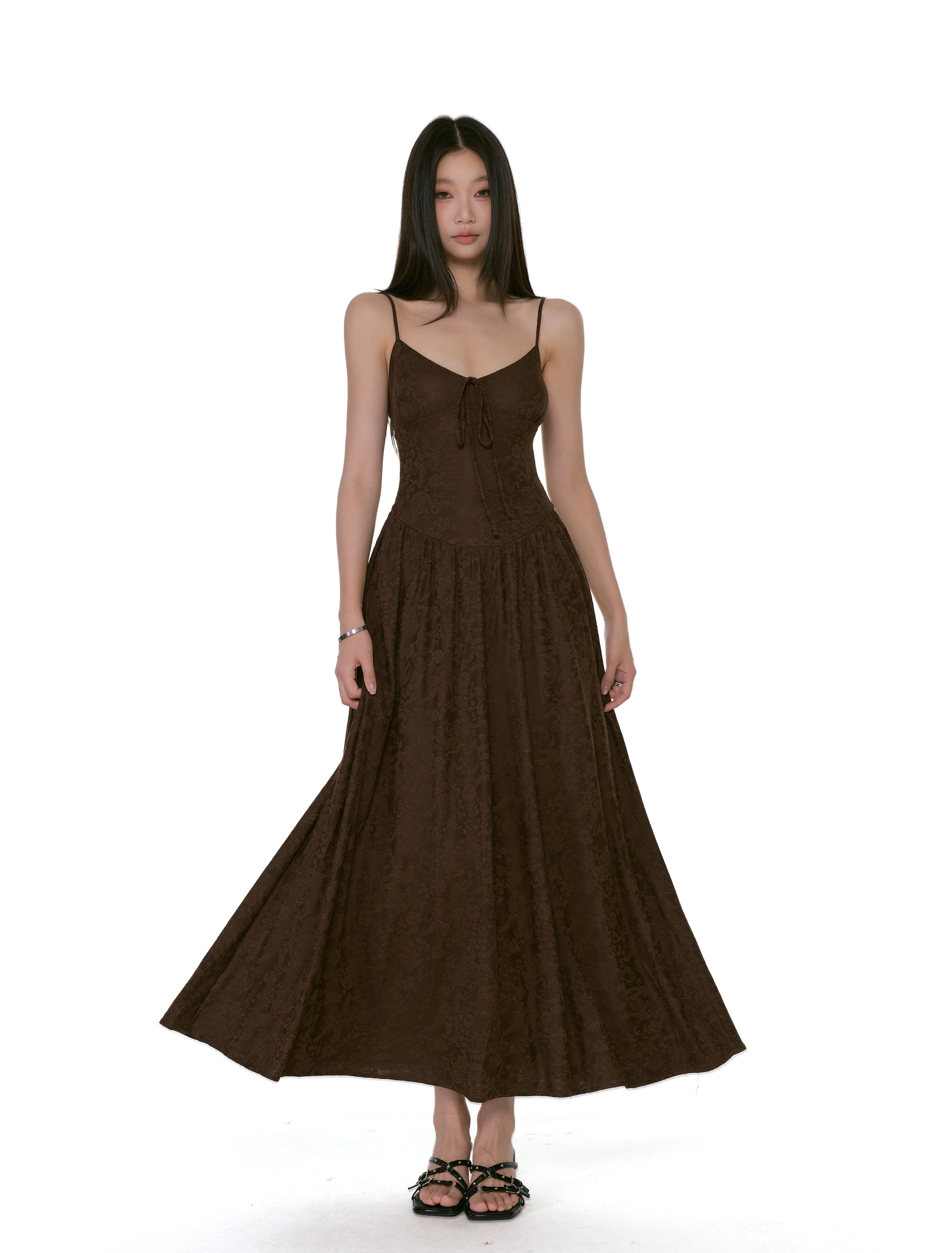 Textured Floral Pattern Spaghetti Strap Maxi Dress with Tie Front