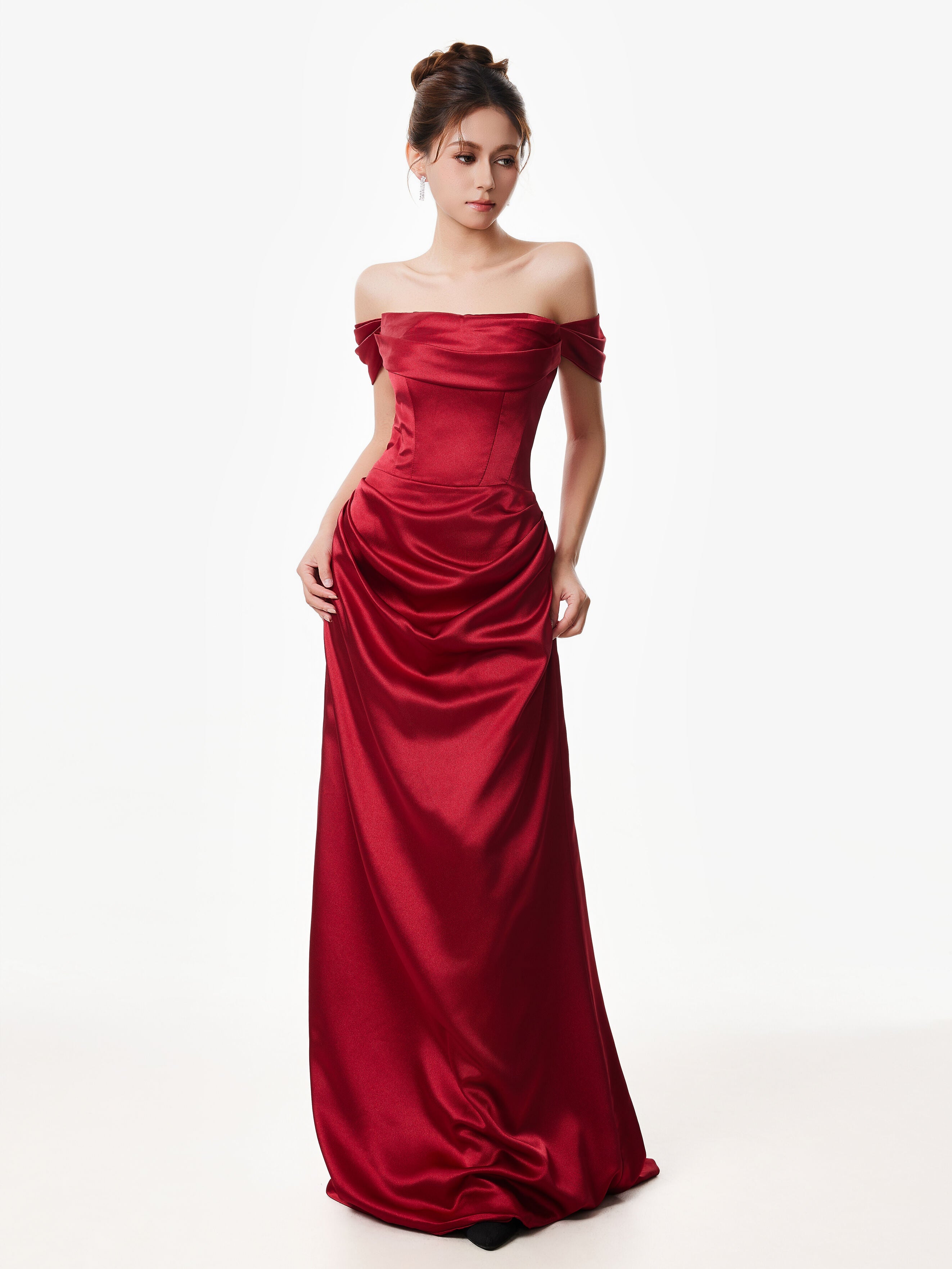 Off-Shoulder Satin Draped Corset Evening Dress