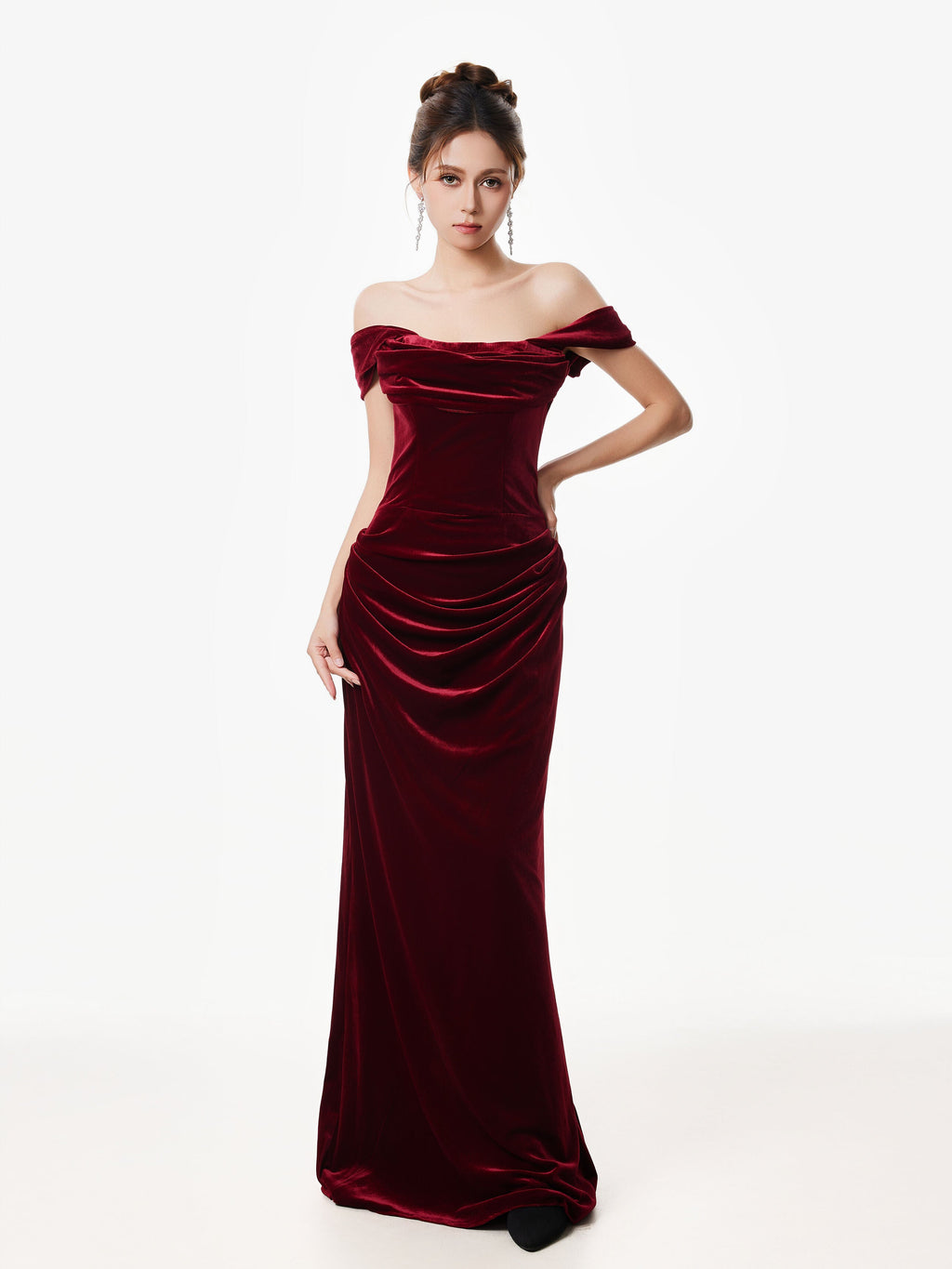 Off-Shoulder Velvet Draped Corset Evening Dress