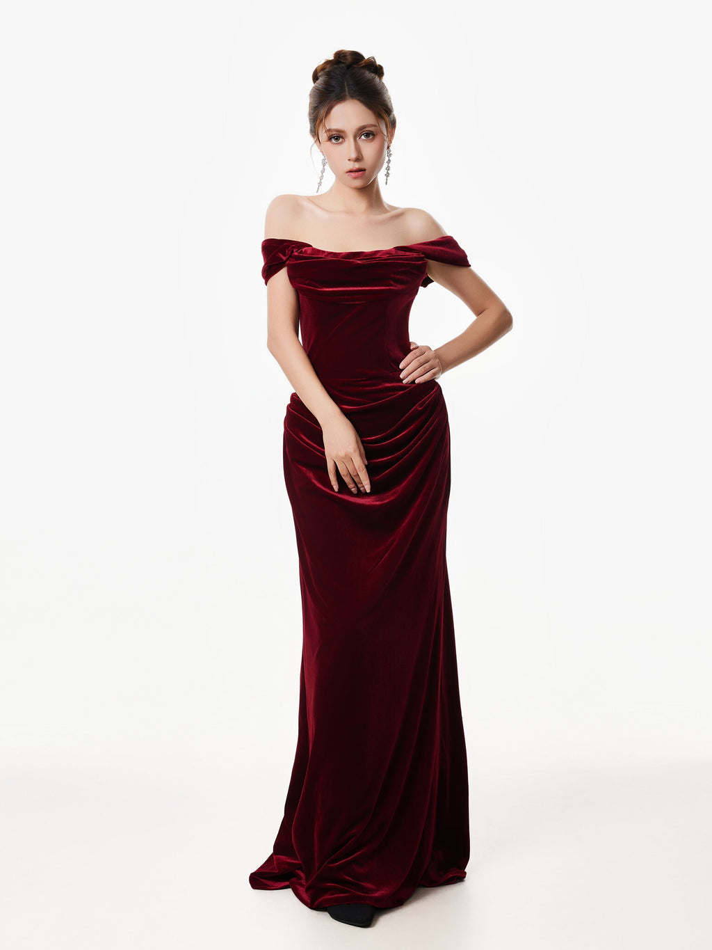 Off-Shoulder Velvet Draped Corset Evening Dress