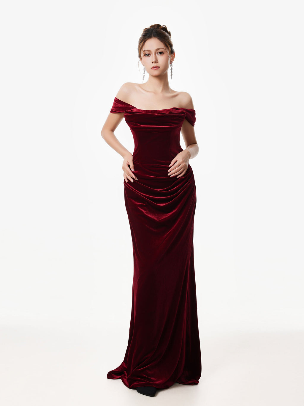 Off-Shoulder Velvet Draped Corset Evening Dress