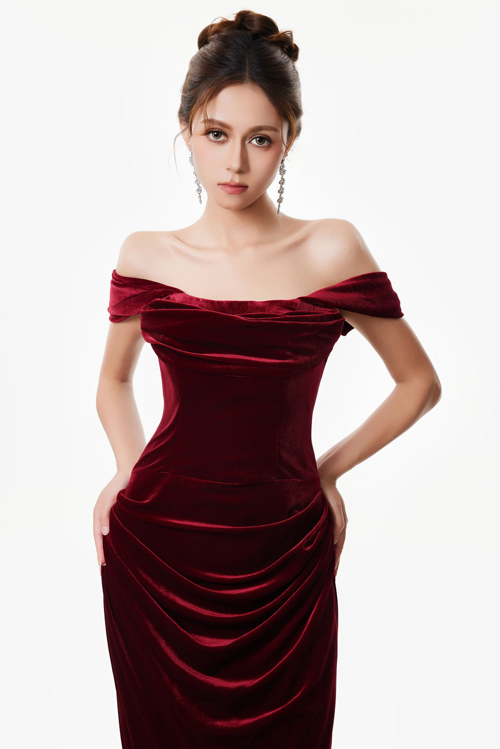 Off-Shoulder Velvet Draped Corset Evening Dress