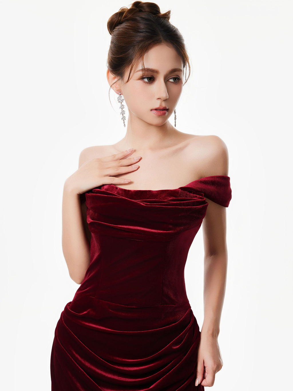 Off-Shoulder Velvet Draped Corset Evening Dress