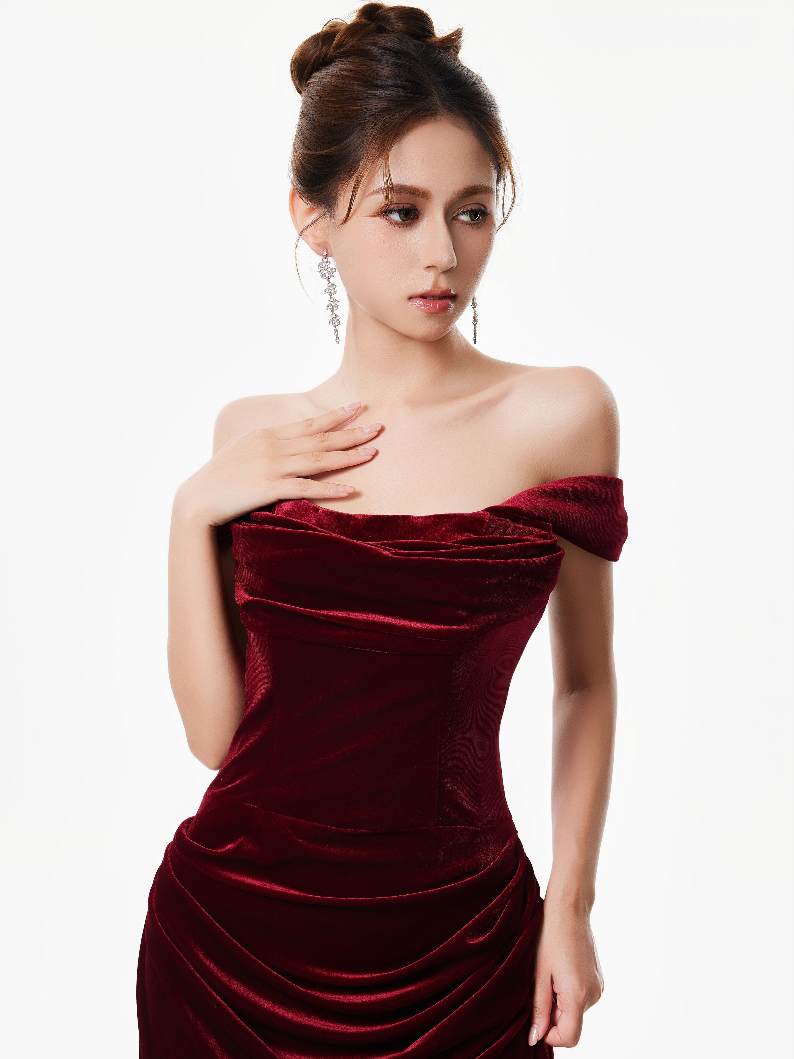 Off-Shoulder Velvet Draped Corset Evening Dress