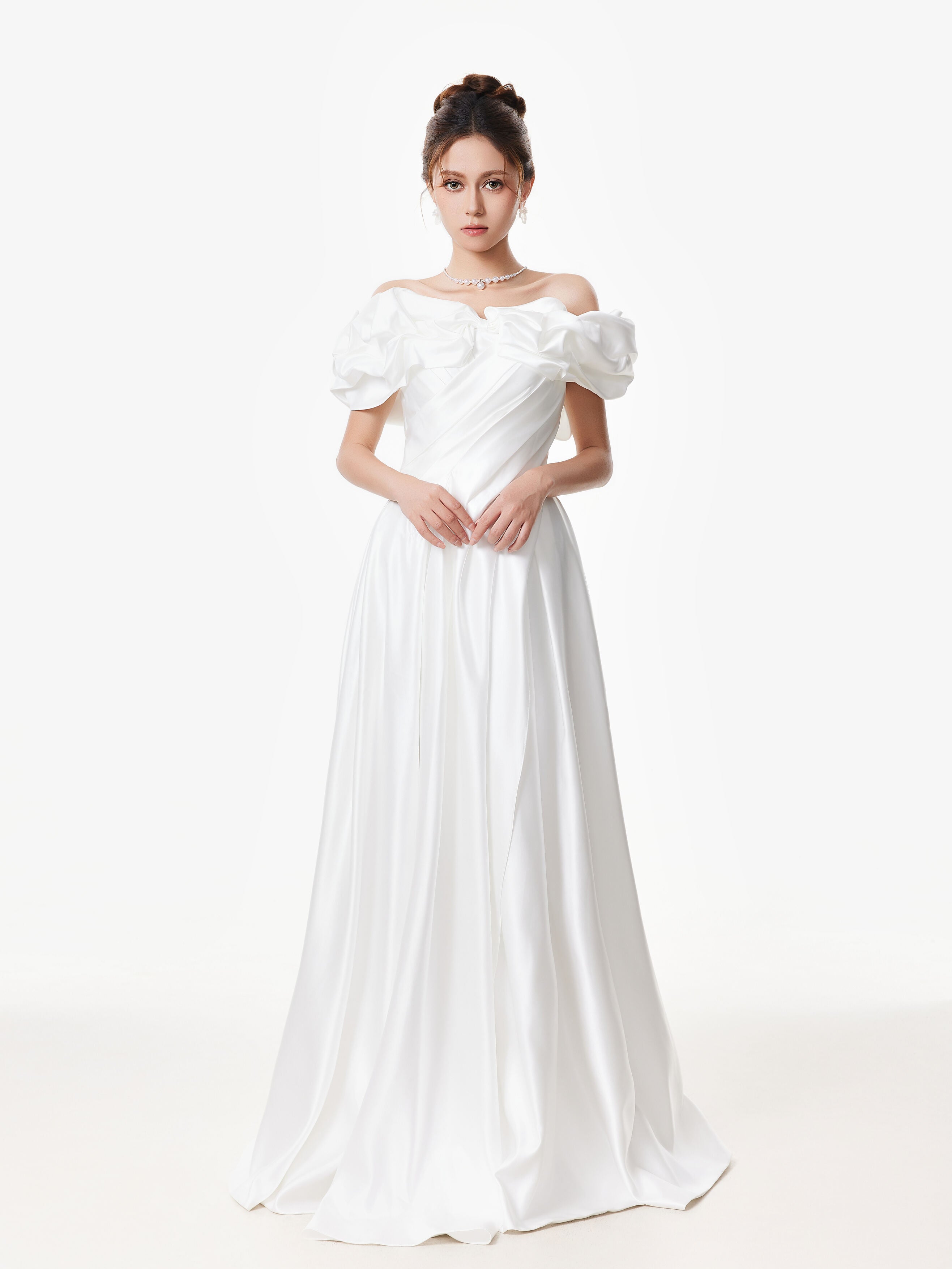 Off Shoulder Ruffle Gown with Floral Detail