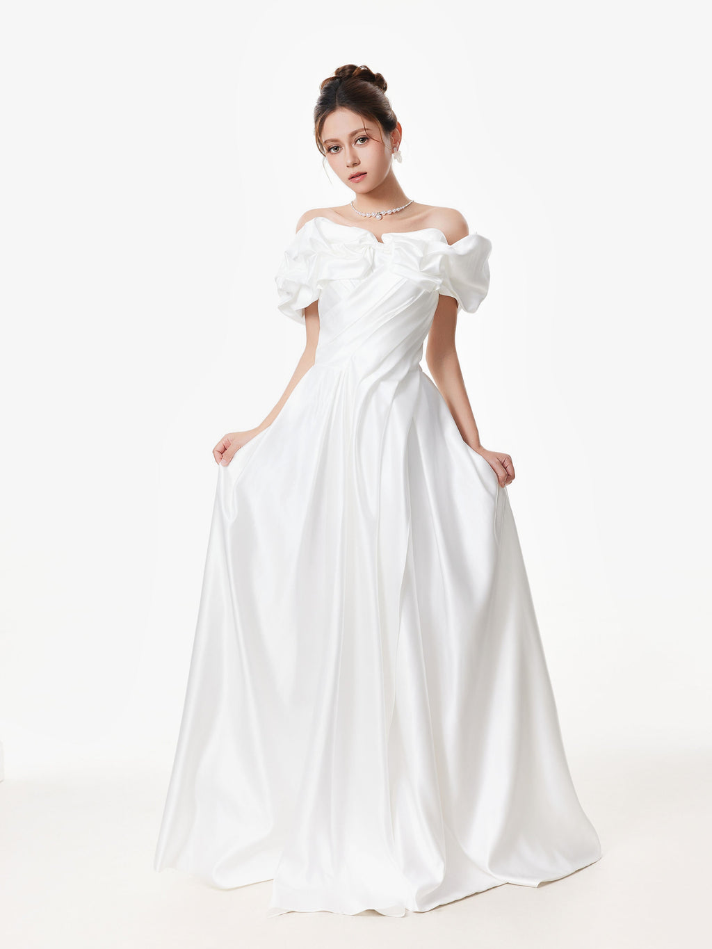 Off Shoulder Ruffle Gown with Floral Detail