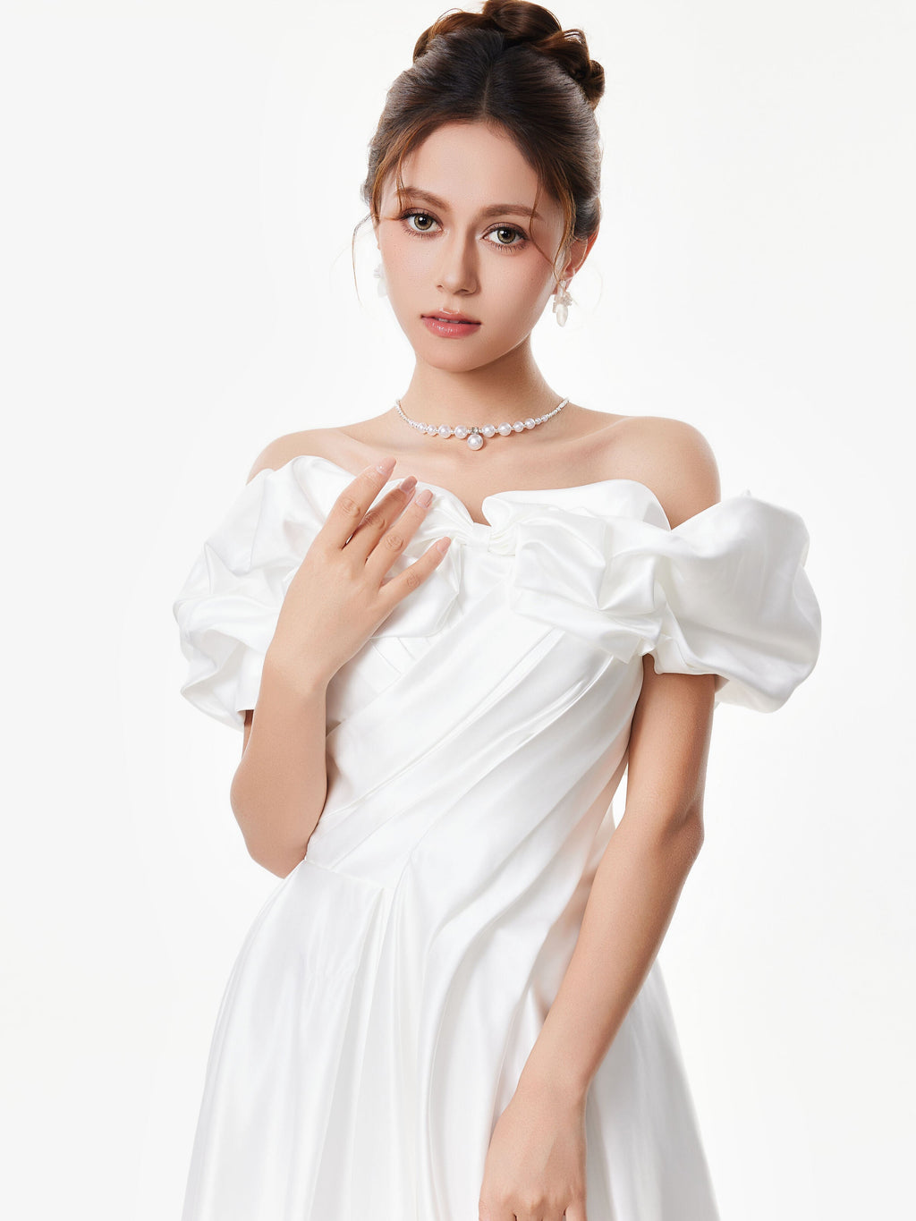 Off Shoulder Ruffle Gown with Floral Detail