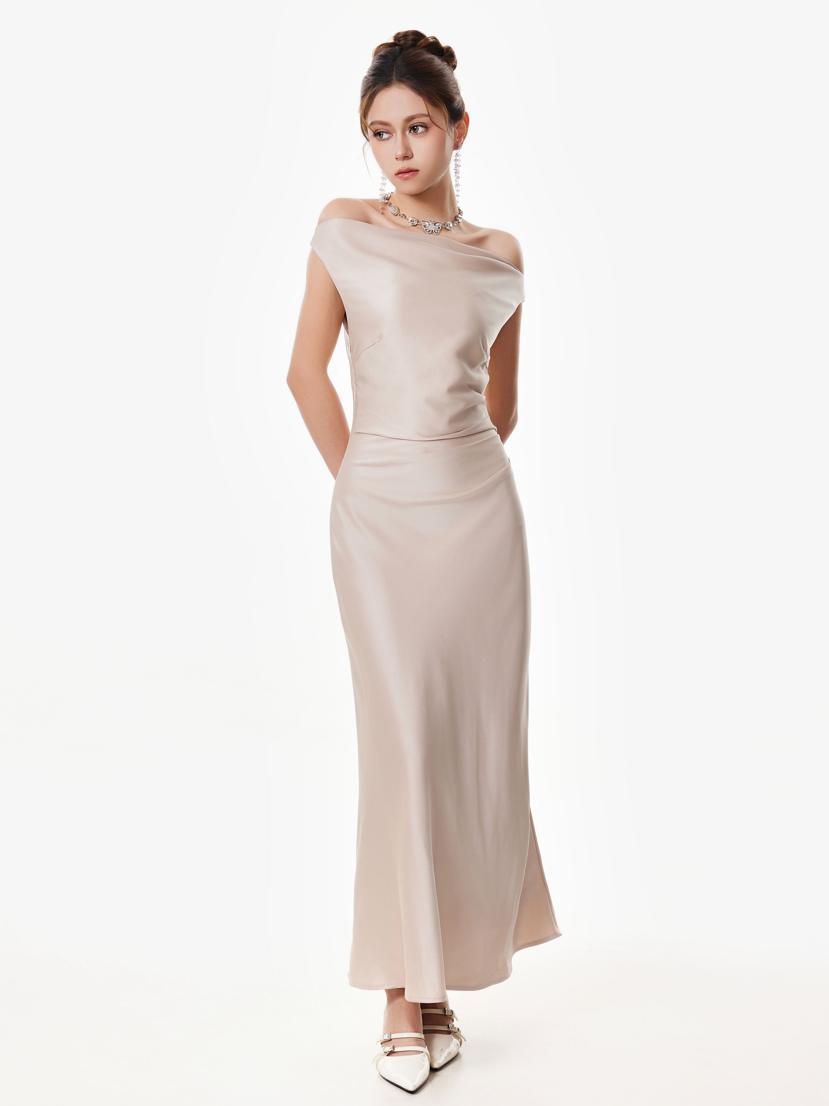 Asymmetrical One Shoulder Satin Maxi Dress