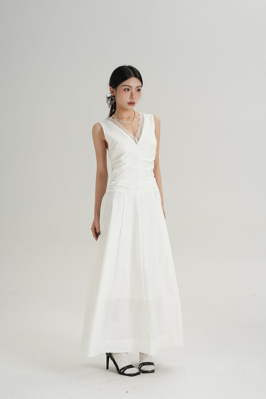 Sleeveless V-Neck Maxi Dress with Lace Back and Ruched Waist