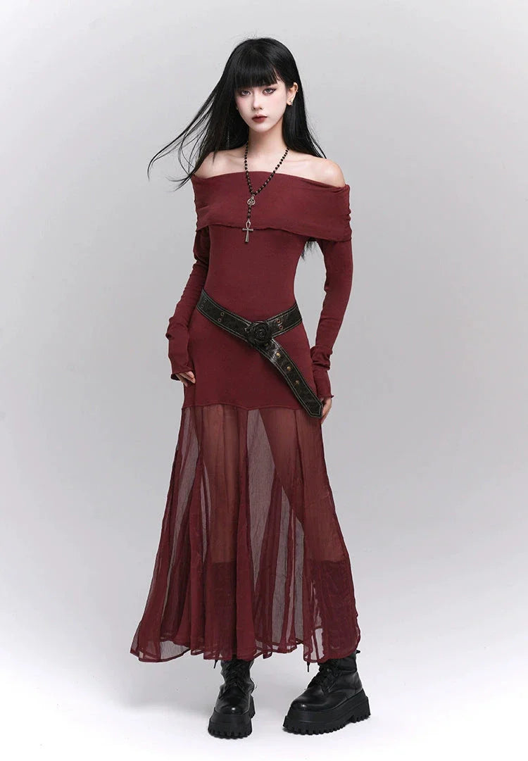 Ruffle Off-Shoulder Sheer Skirt Maxi Dress