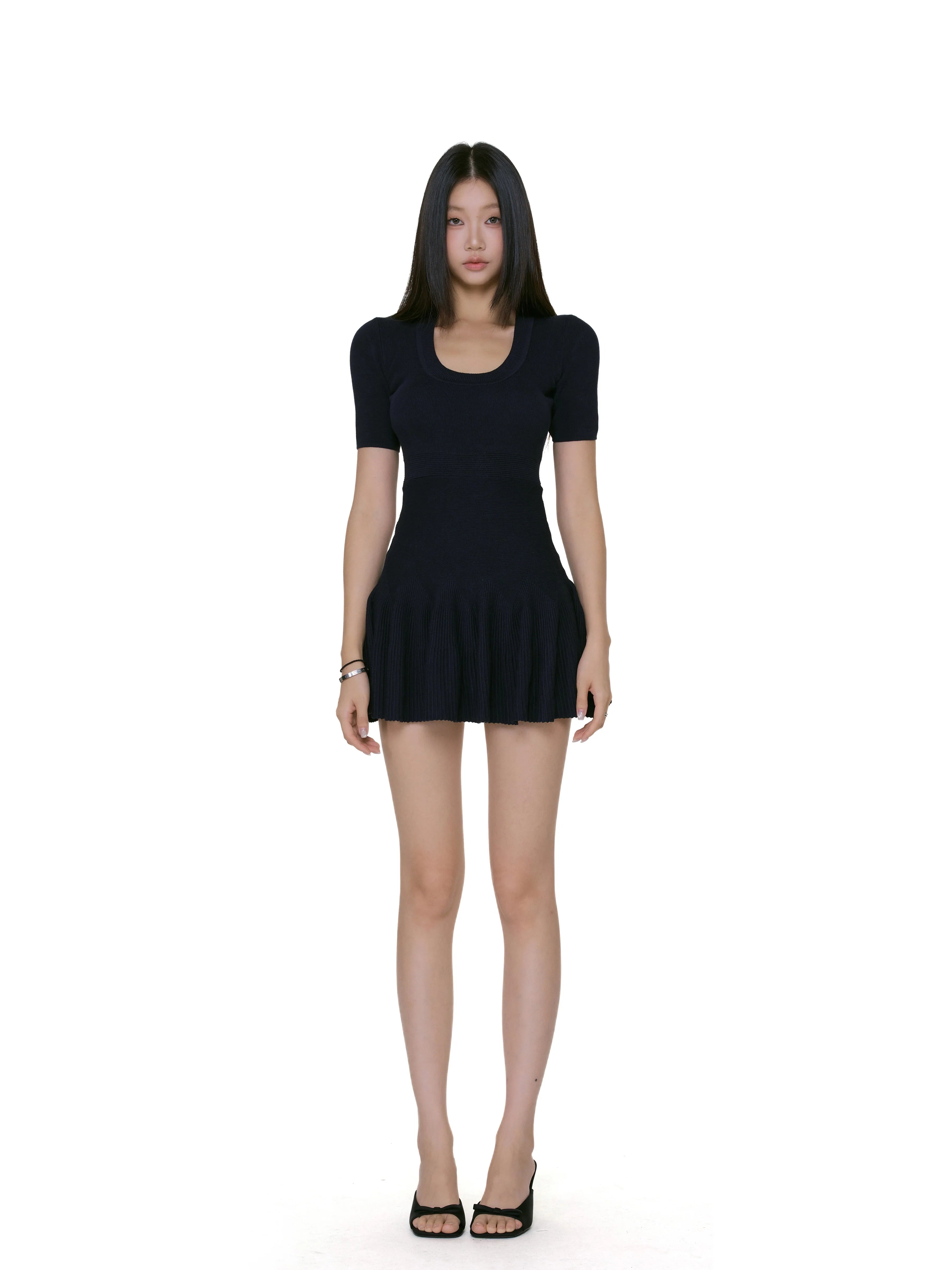 Scoop Neck Ribbed Knit  Short Sleeves Mini Dress