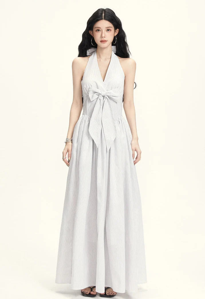 Striped Halter Neck Maxi Dress with Bow Tie Detail