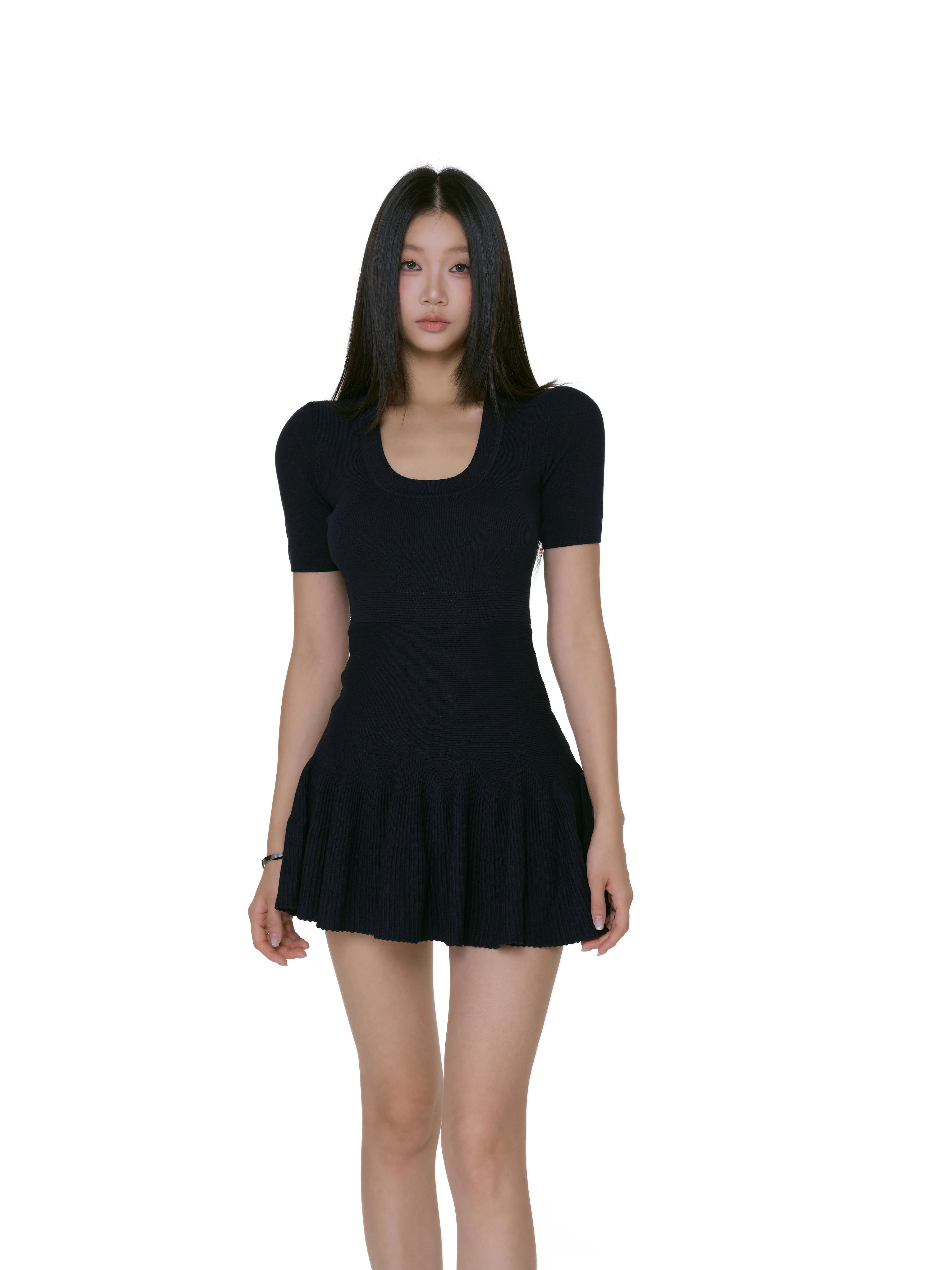 Scoop Neck Ribbed Knit  Short Sleeves Mini Dress