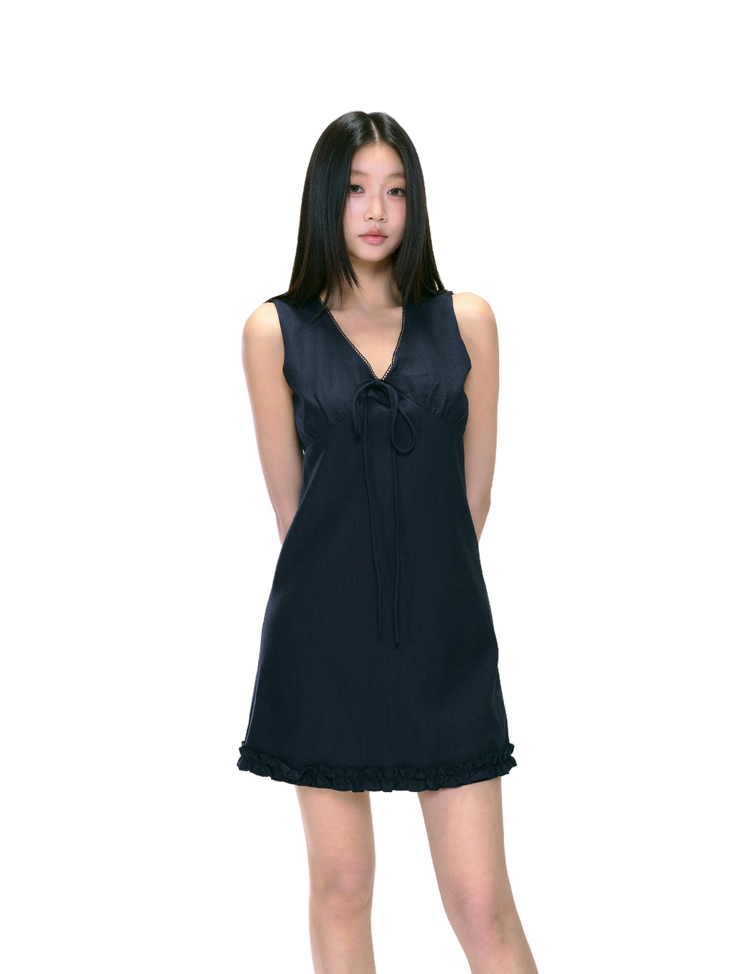 Sleeveless V-Neck Tie Ruffle Hem Mini Dress