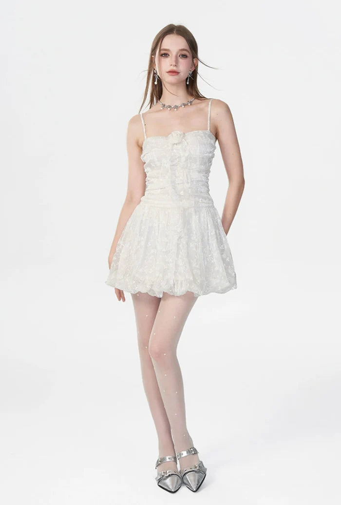 Spaghetti Strap Ruched Floral Lace Mini Dress