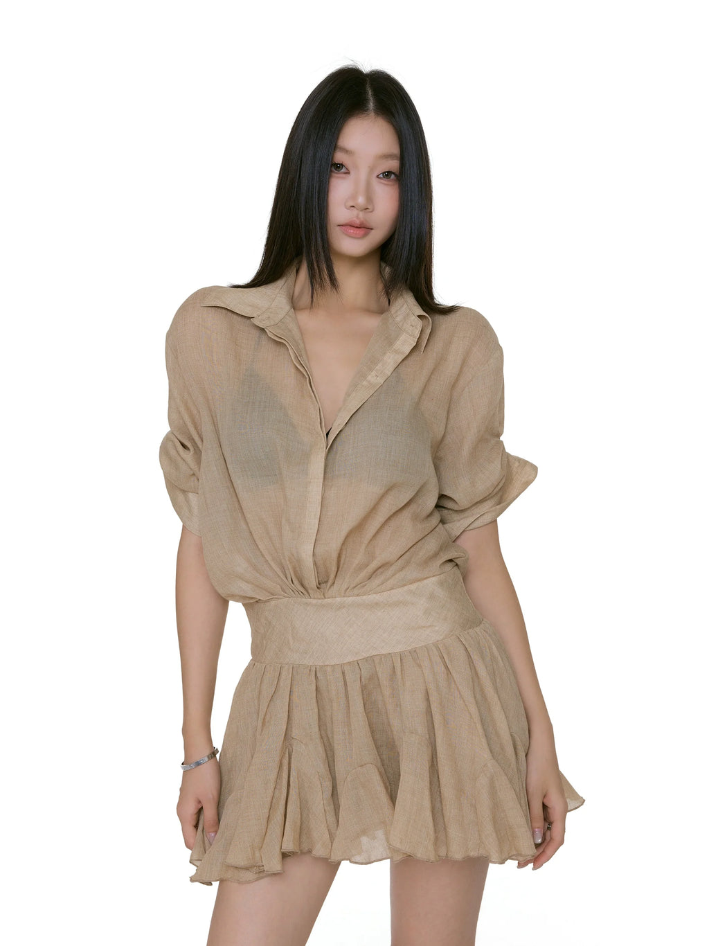 Collared Mini Shirt Dress with Gathered Waist and Flared Hem