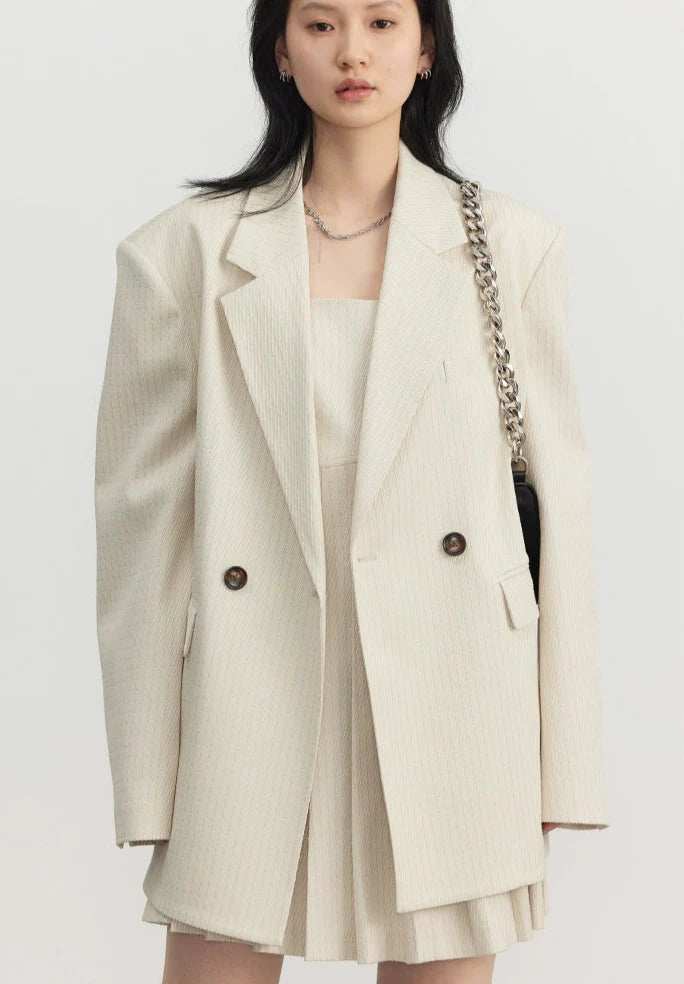 Pinstripe Texture Oversized Blazer and Pleated Dress Set