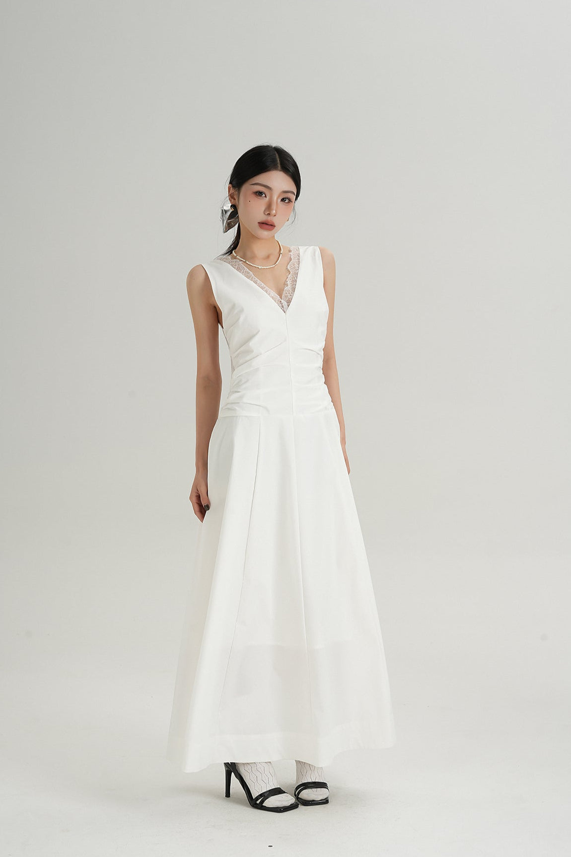 Sleeveless V-Neck Maxi Dress with Lace Back and Ruched Waist