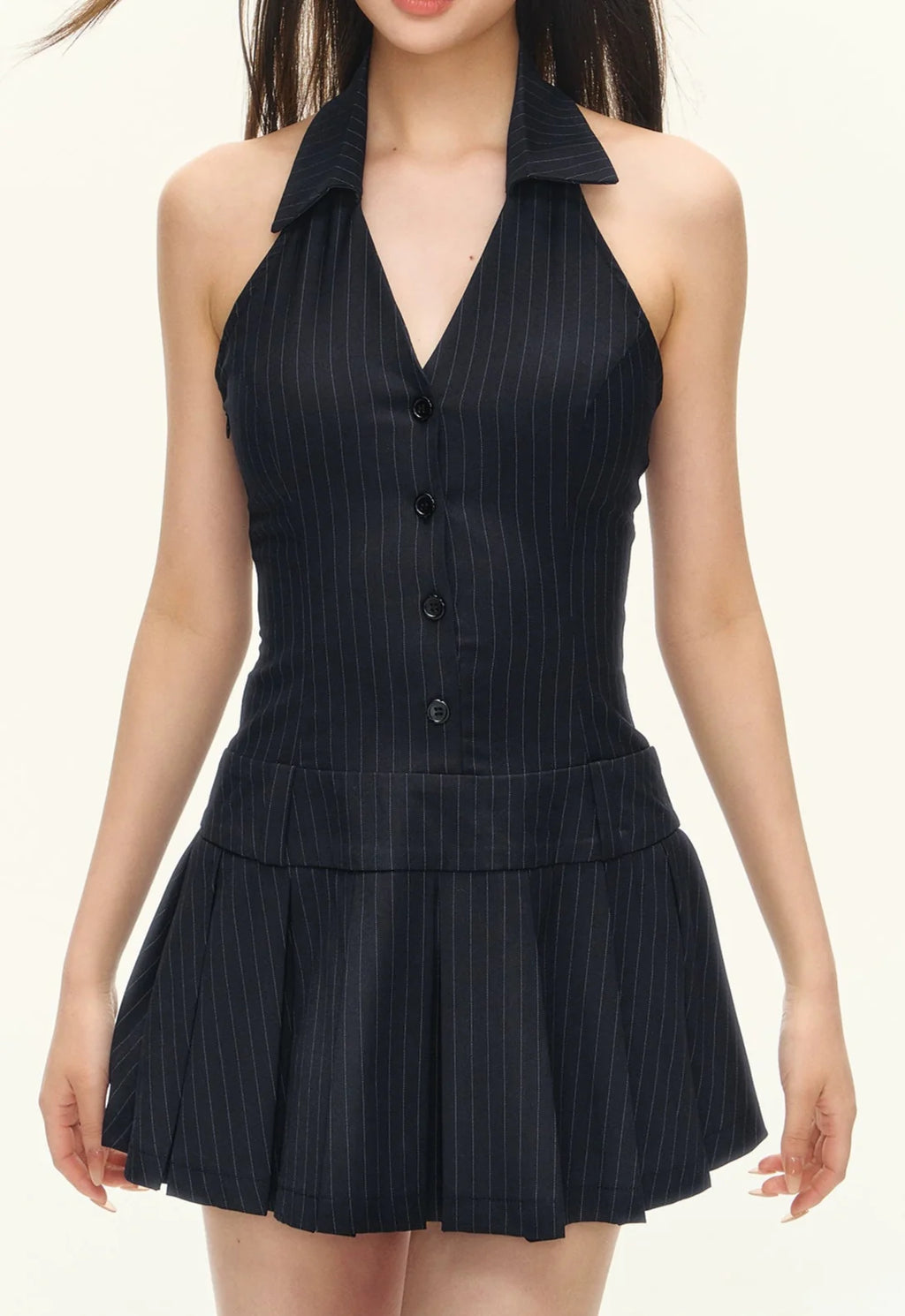 Pinstripe Halter Neck Button Front Pleated Mini Dress