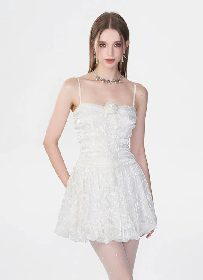 Spaghetti Strap Ruched Floral Lace Mini Dress