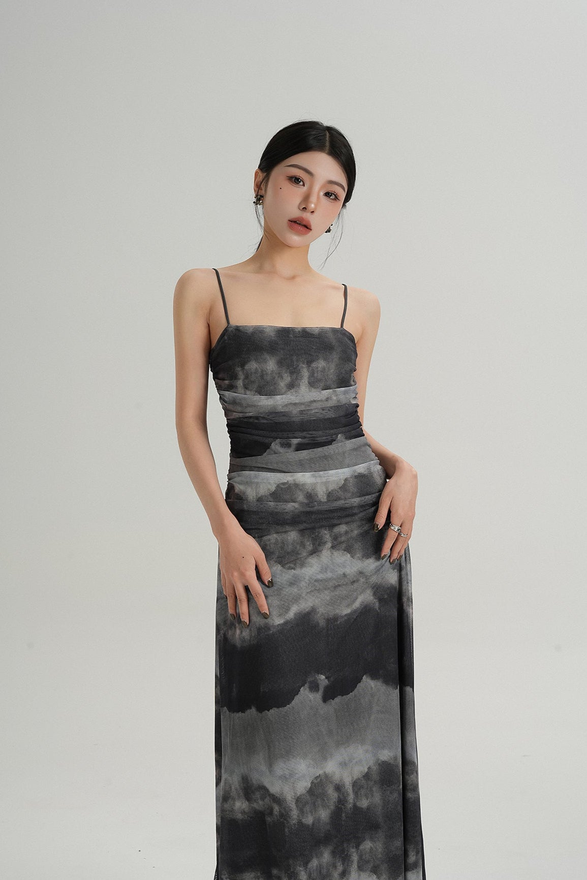 Spaghetti Strap Ruched Tie-Dye Maxi Dress