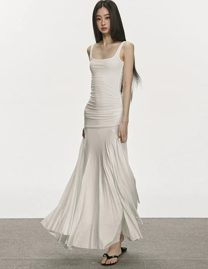 Ruched Spaghetti Strap Maxi Dress with Flared Hem